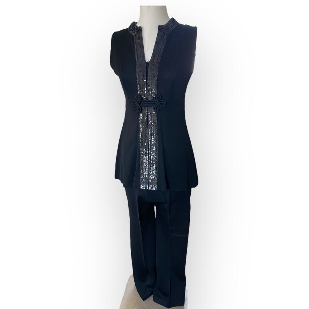 Vintage 70s Sleeveless Sequin Evening Pants Set Black Women's sz 12 Retro Glam
